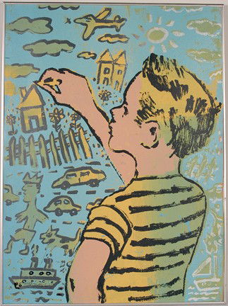 David Bromley. Boy In Yellow.: Not numbered, but signed. Print and paper on poster board. Excellent condition. 22" w x 30"h with frame. Est. $200-400. Ship: $45