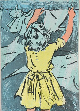 David Bromley. Girl Hanging Laundry.: #25 of 40. Print and paint on paperboard. Signed. Excellent condition. 20" w x 28"h. Est. $200-400. Ship: $40