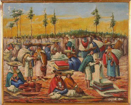 Cecilia Vera. South Am. Market Scene.: Oil on canvas. Signed. Some condition problems. Skinning on upper left. 22" w x 18"h. Est. $100-200. Ship: $35