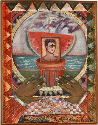 Carlos Salimone. Homenaje A Frida.: 1996. Mixed media on canvas, backed to board. Signed. Info on verso. Excellent condition. 19" w x 25"h. Est. $200-300. Ship: $35