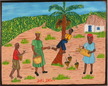 Joel Delva. Climbing The Coconut Tree.: Oil on masonite. Signed. Minor rub, lower left, otherwise great condition. 21"w x 17"h. Est. $200-400. Ship: $35