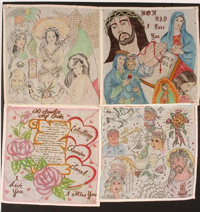 Texas Chicano Prisoners. 4 Panos.: Ink on handkerchief. Some are signed and dated, 1990's. Average size is 14" x 14". Excellent condition. Est. $200-400. Ship: $20
