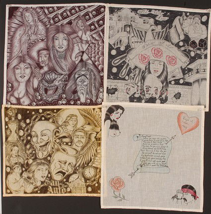 Texas Chicano Prisoners. 4 Panos.: Ink on handkerchief. Some are signed and dated, 1990's. Average size is 14" x 14". Excellent condition. Est. $200-400. Ship: $20