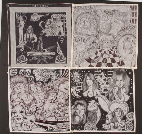 Texas Chicano Prisoners. 4 Panos.: Ink on handkerchief. Some are signed and dated, 1990's. Average size is 14" x 14". Excellent condition. Est. $200-400. Ship: $20
