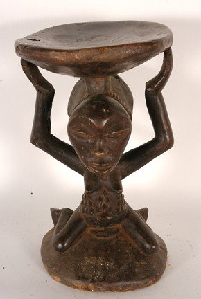 African (Congo) Luba Stool.: Carved wood. Poor condition, crack through figure. 13" x 8" x 8.5". Est. $100-200. Ship: $45. Tribal art stool used by the chiefs of the Luba tribe from Eastern Congo/formerly Zaire. Historically, the