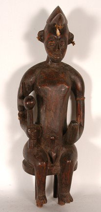 Senufu Tribe Ancestral King Figure.: Carved wood. Natural wood splits, otherwise good condition. 25.5" h x 7" x 6". Est. $100-200. Ship: $65. Approximately 50-60 years old, is carved from a very dense piece of wood, and is quite heavy. H