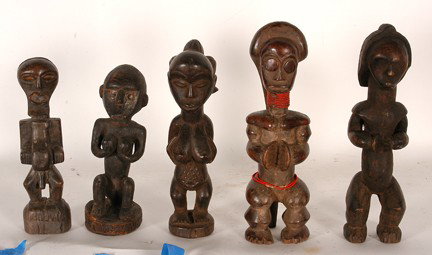 Five African Figures.: Good condition. Average size is 14" h. African Ntumu Fang Byeri, African (Songye) ancestor figure - Dark wood. Origin: Songye tribe northern Katanga - Congo DRC - The Songye people live in the Luba cu