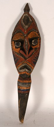 PNG Sepik Tribe Clay Mask.: Carved and painted wood. 17"h. Est. $100-200. Ship: $25. Sepik River villages produce a variety of masks such as this mask which is entirely constructed of clay, mounted to a piece of bone, possibly f