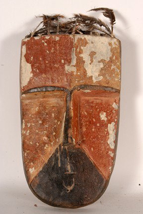 Bavouvi Mask from Gabon.: Carved wood, paint, feathers. Fair condition. 14" x 8" x 4". Est. $100-200. Ship: $25. Bavouvi people live in the centre of Africa particular in Gabon. They are known as medicine people. They use this