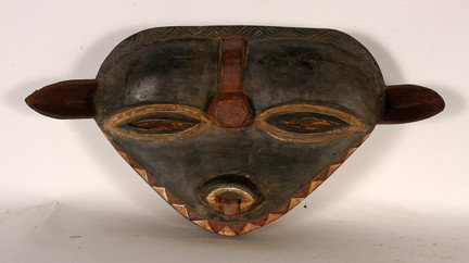 Ekete Tribe Mask.: Carved wood, paint. Fair condition. 11" x 21" x 4". Est. $100-200. Shiip: $35.