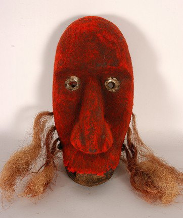 Dan Tribe Red Mask.: Carved wood, fabric, grass. Fair condition. 10.5" x 5" x 6". Est. $100-200. Ship: $25. - This is a Dan Gagon (bird beaked) mask. Composed of two parts (lower jaw is "hinged") is enhanced metal eyes th