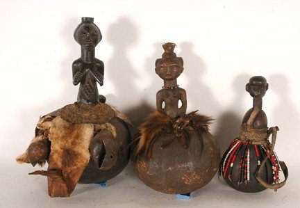 African Gourds, Fetishes. : Carved wood, mixed media. Fair condition. 13" h average. Est. $100-200. Ship: $35. African Calabash-Nyemezi tribe - unique small calabash of the Nyamezi who are renowned for their calabash. These are 