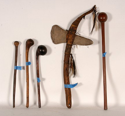 Ceremonial Weapons.: Wood, stone, mixed media. Great condition. 31" x 13" x 20" average. Est. $100-200. Ship: $45. Large Old Indian War axe. Measuring over 34" in length, this heave and solid club is contructed of a large