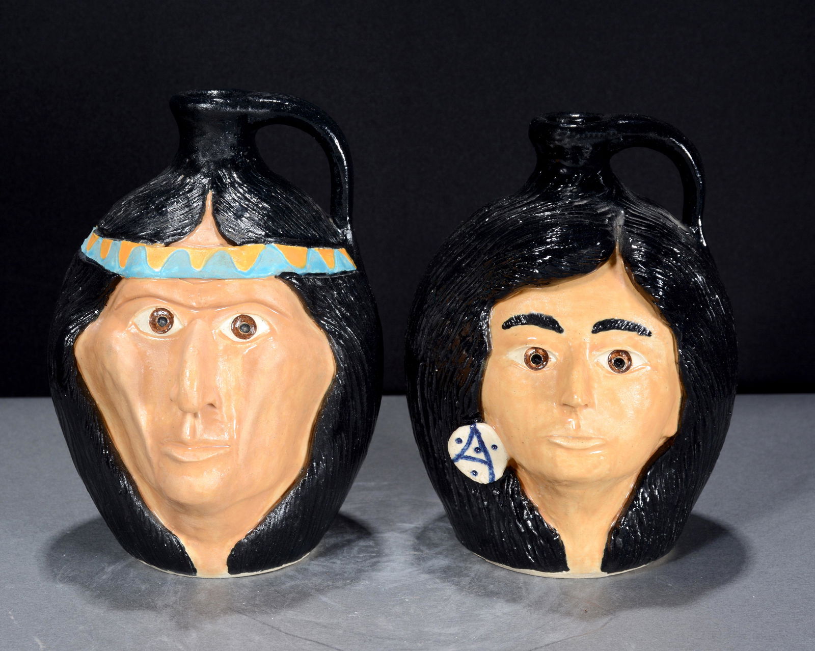 Michael & Melvin Crocker. Indian Prince & Princess Mini Face Jugs. (1 of 4)