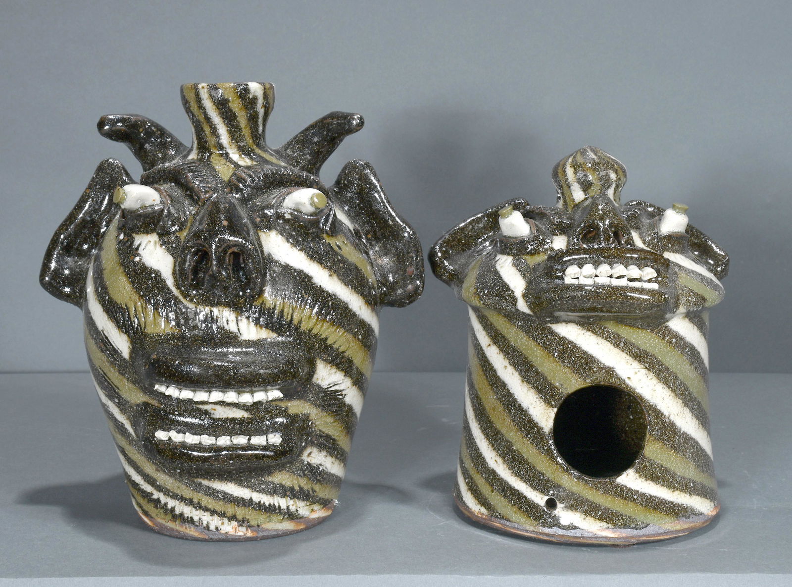Steve Abee. 3 Color Swirl Devil Jug & Birdhouse. (1 of 5)
