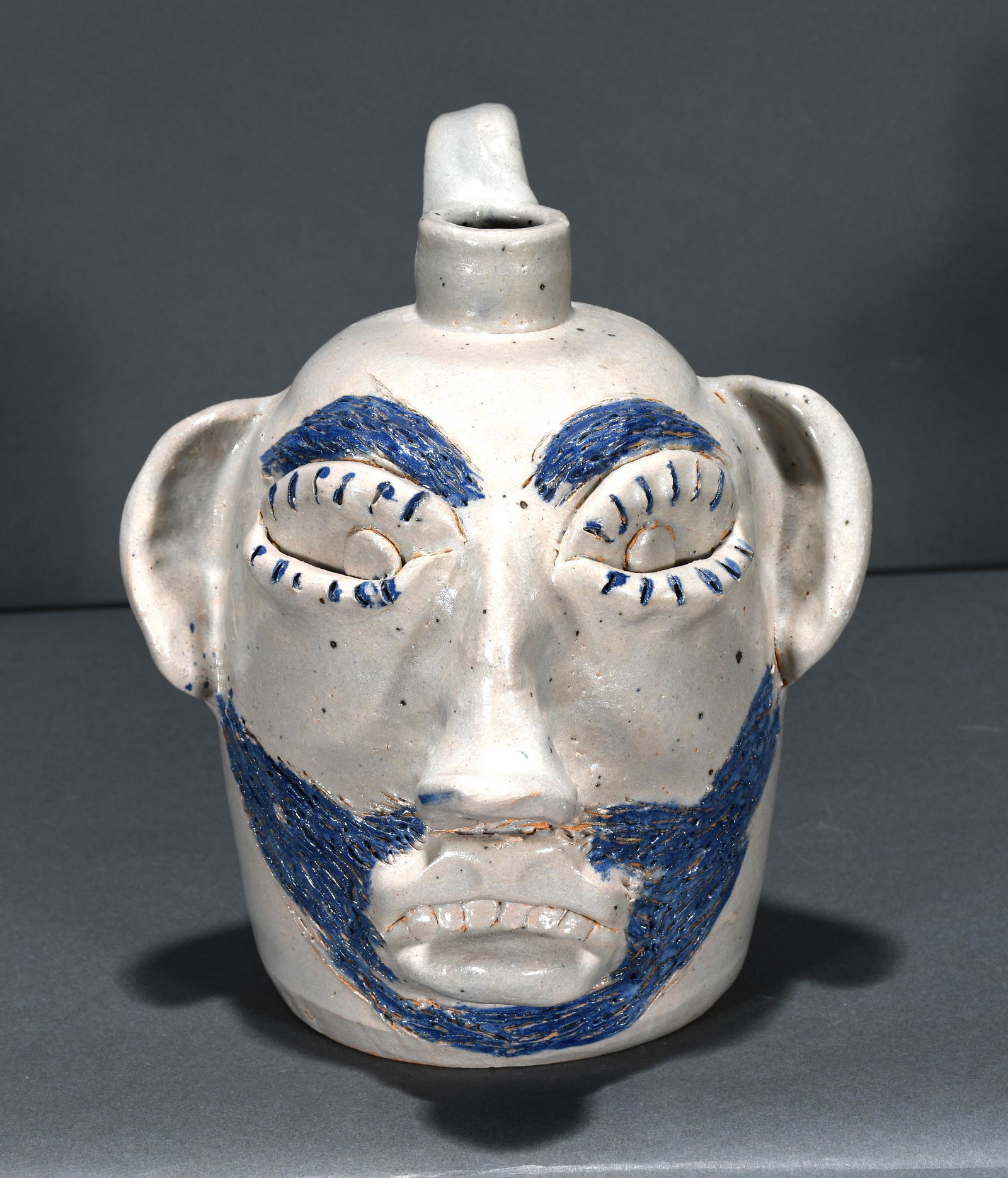 Jerry Brown. Salt & Cobalt Glaze Face Jug. (1 of 3)