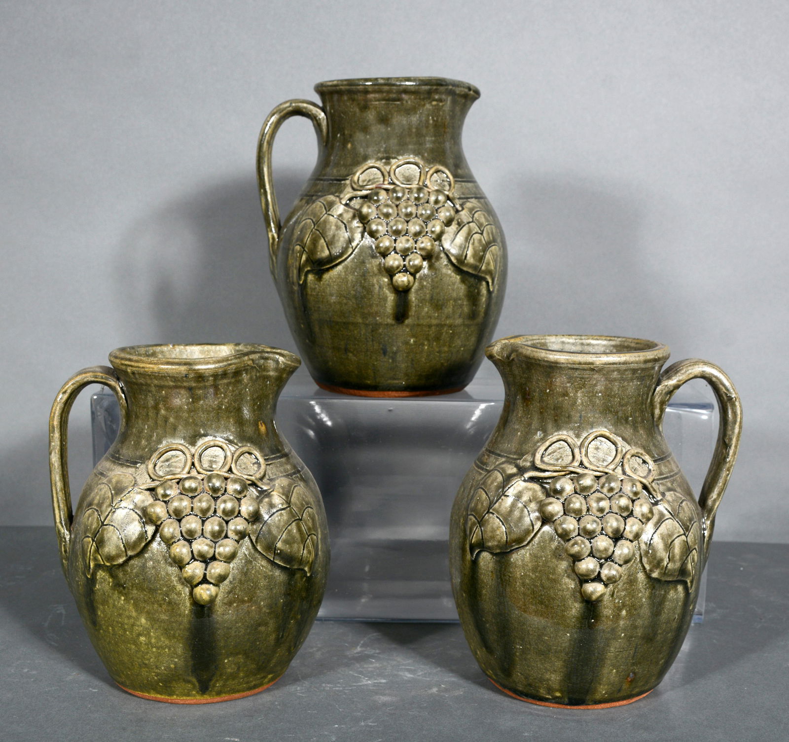 John Meaders. 3 Light Green Grape Decorated Pitches. (1 of 4)
