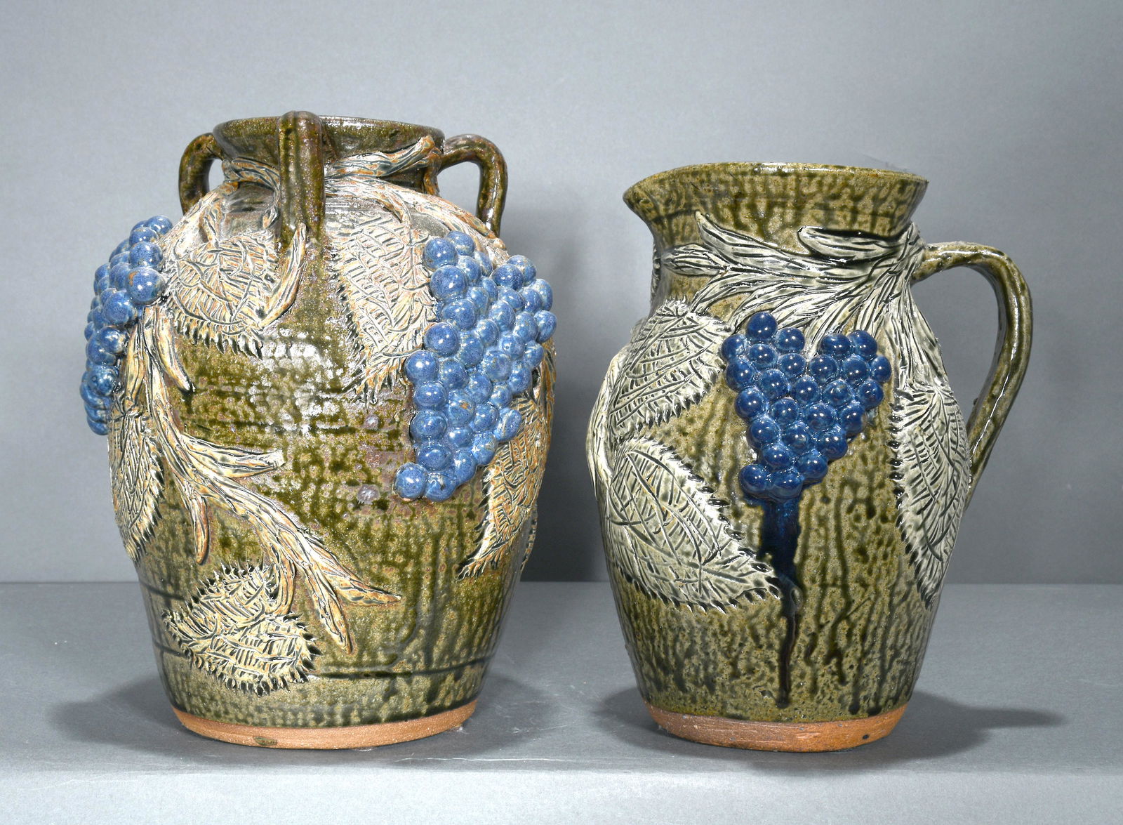 Cleater & Billie Meaders. Grape Decorated Jar & Pitcher. (1 of 2)