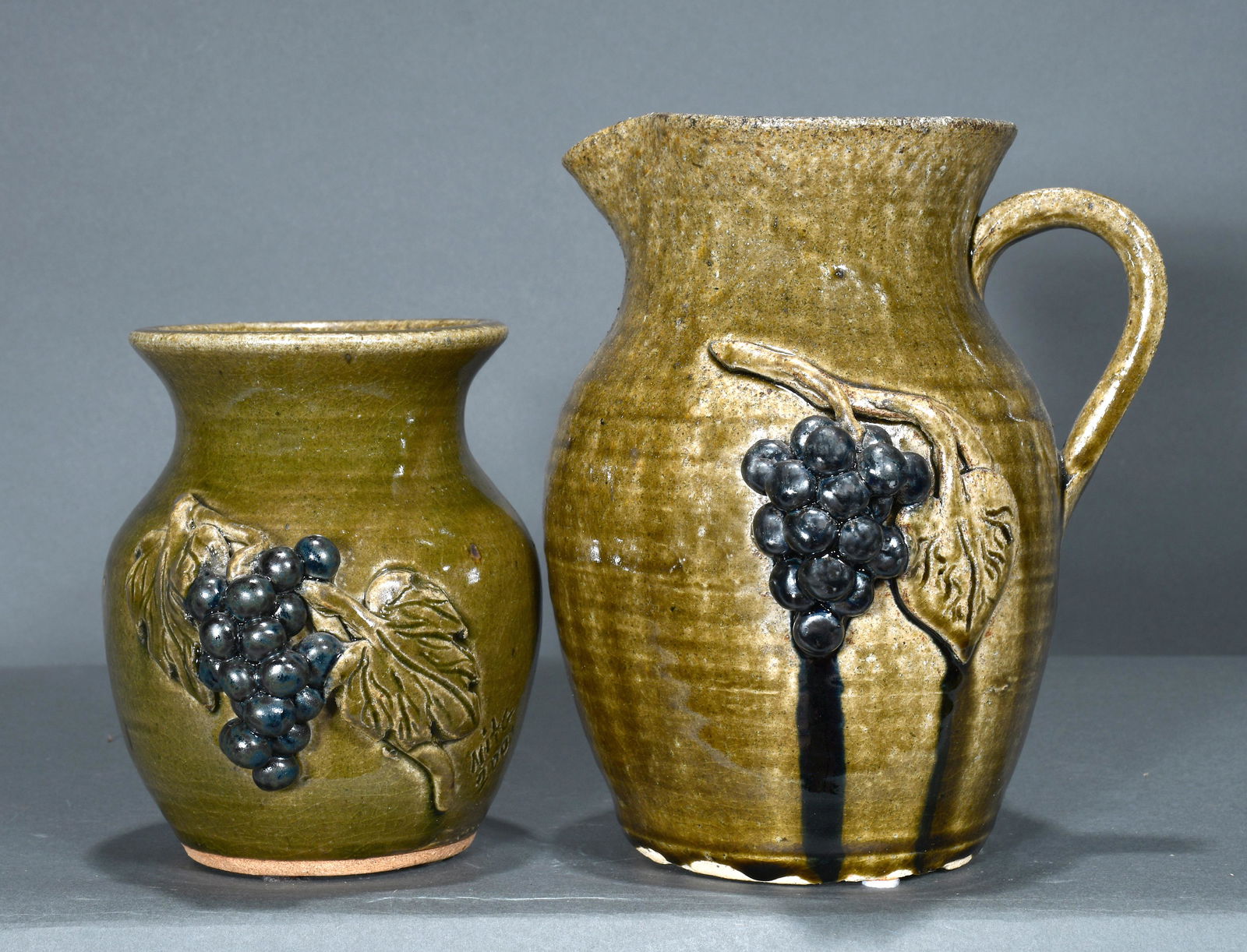 Anita Meaders. Grape Decorated Vase & Pitcher. (1 of 3)