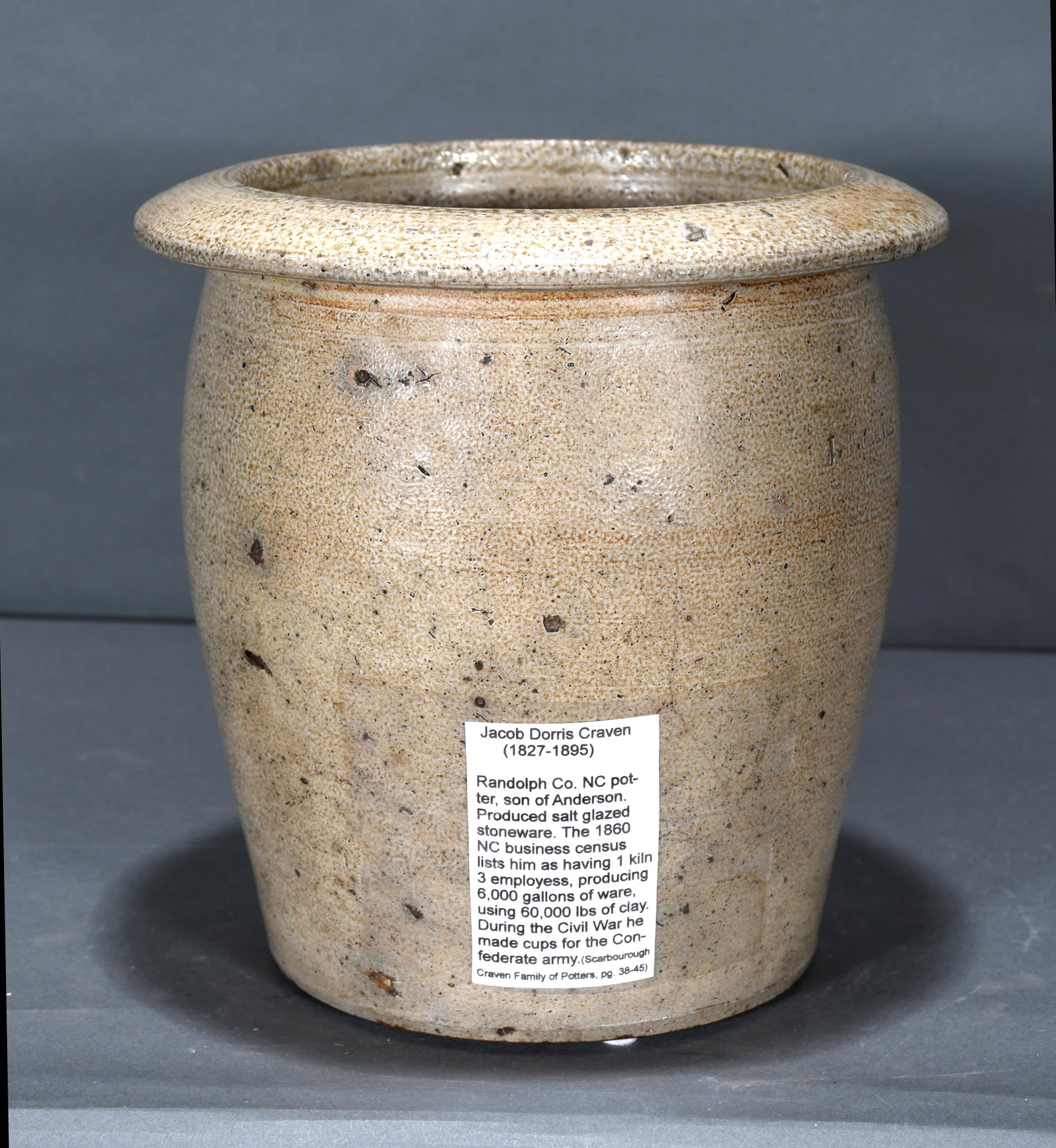 Jacob Dorris Craven. One Gallon Creamer.: Jacob Dorris Craven (1827-1895). One Gallon Creamer. Stamped. c. 1860s. Salt glaze. Some rock pops otherwise excellent condition. 8" h. Est. $100-200. Ship: $55