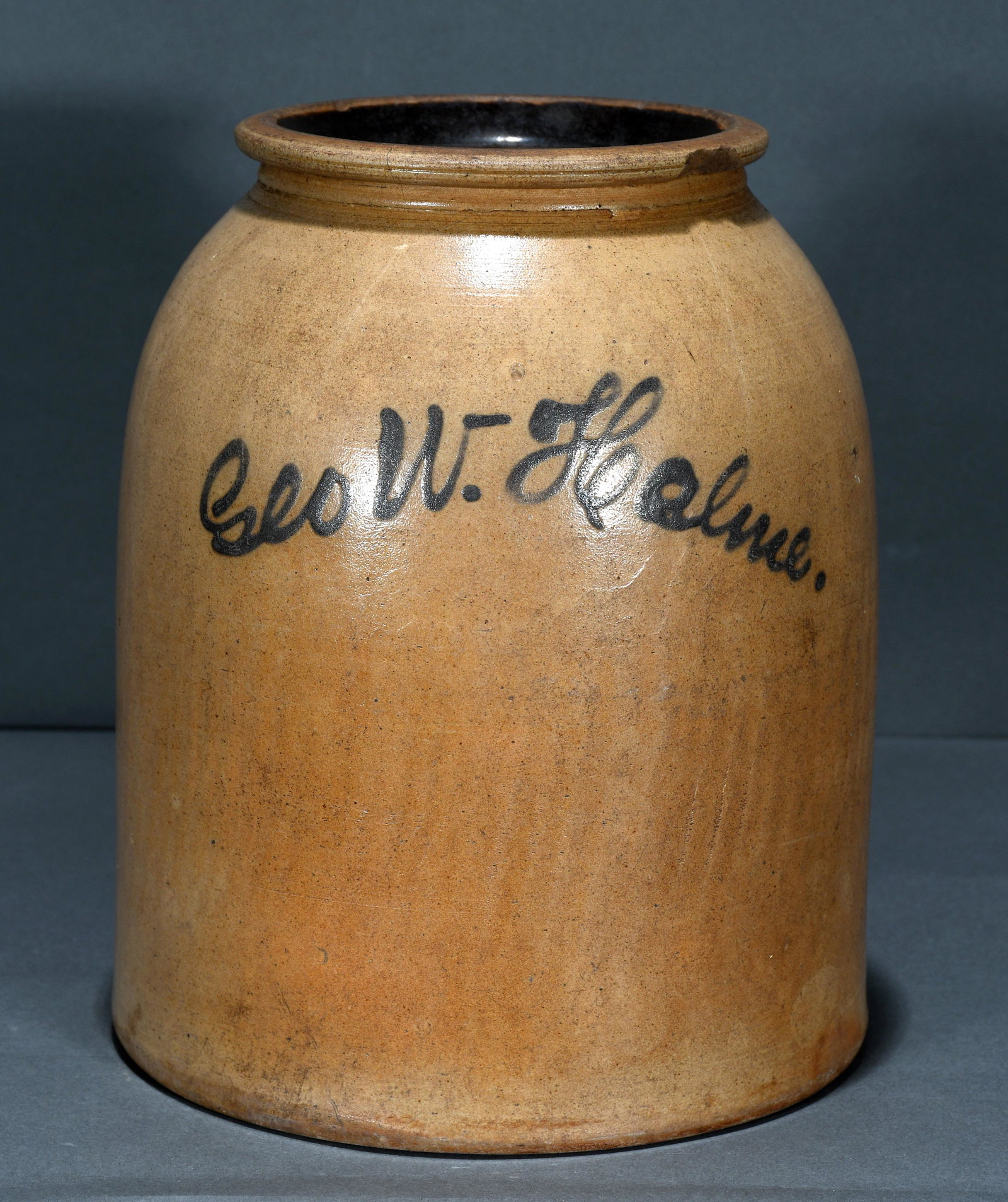 Geo W. Helme. Snuff Pot.: Geo W. Helme. Snuff Pot. Signed in script with cobalt glaze. Chip on rim, otherwise great condition. 10" h. Est. $300-500. Ship: $55