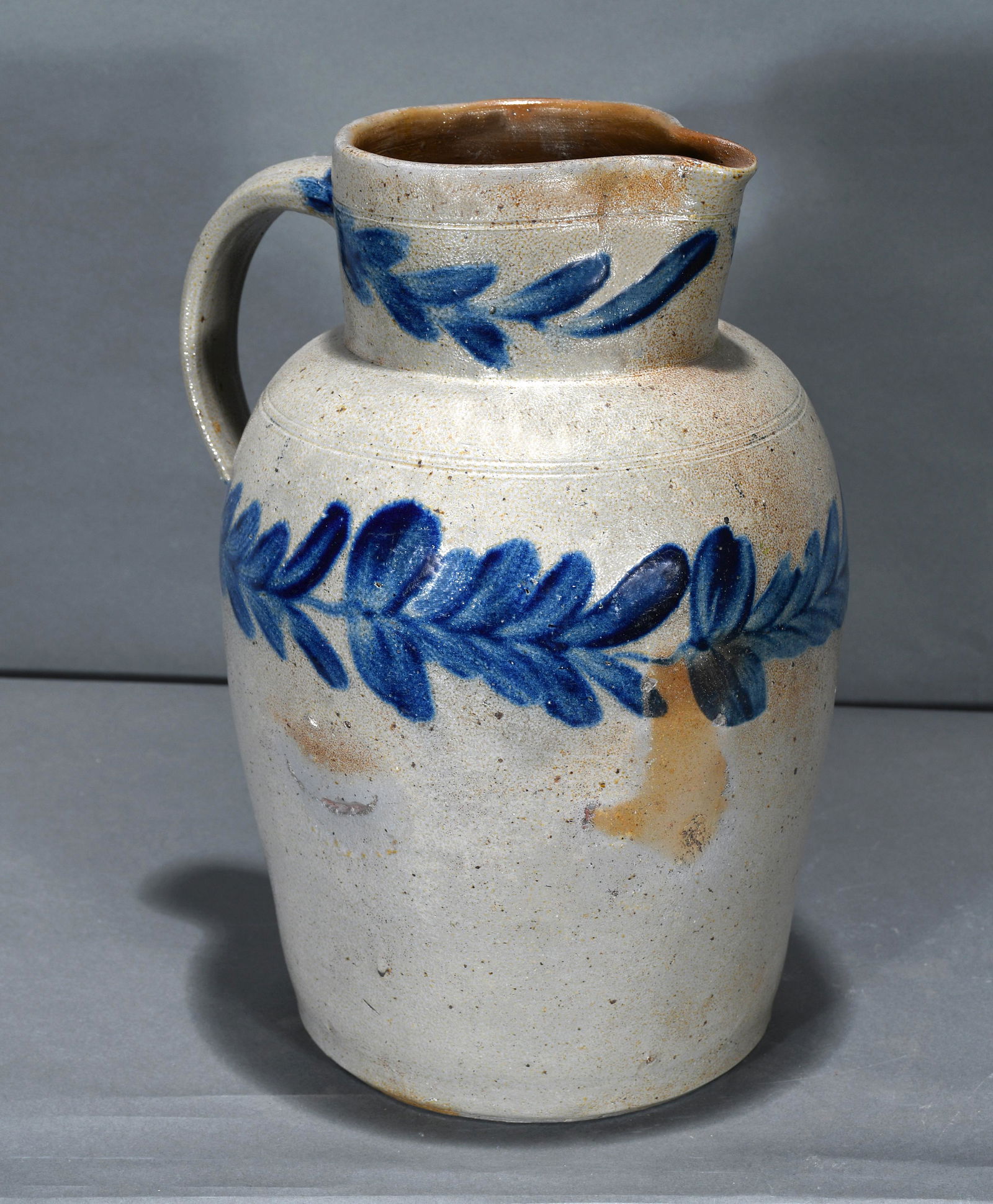2 Gallon Salt and Cobalt Decorated Pitcher. (1 of 3)