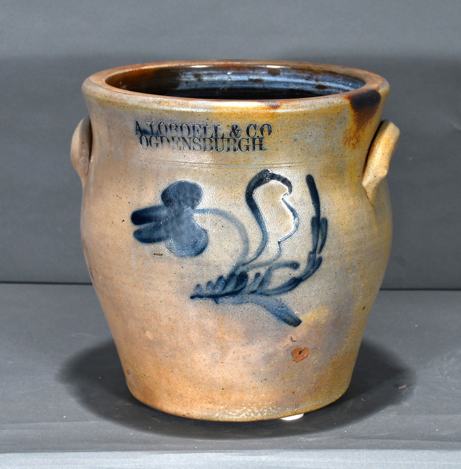 A. Lobdell & CO. Two Gallon Salt & Cobalt Decorated Crock. (1 of 3)