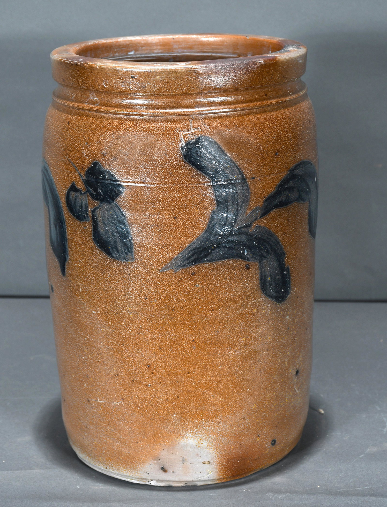 Anonymous One and a Half Gallon Cobalt Crock.: Anonymous. One and a Half Gallon Cobalt Decorated Crock. Stamped. Mint condition. 12" h. Est. $200-300. Ship: $65