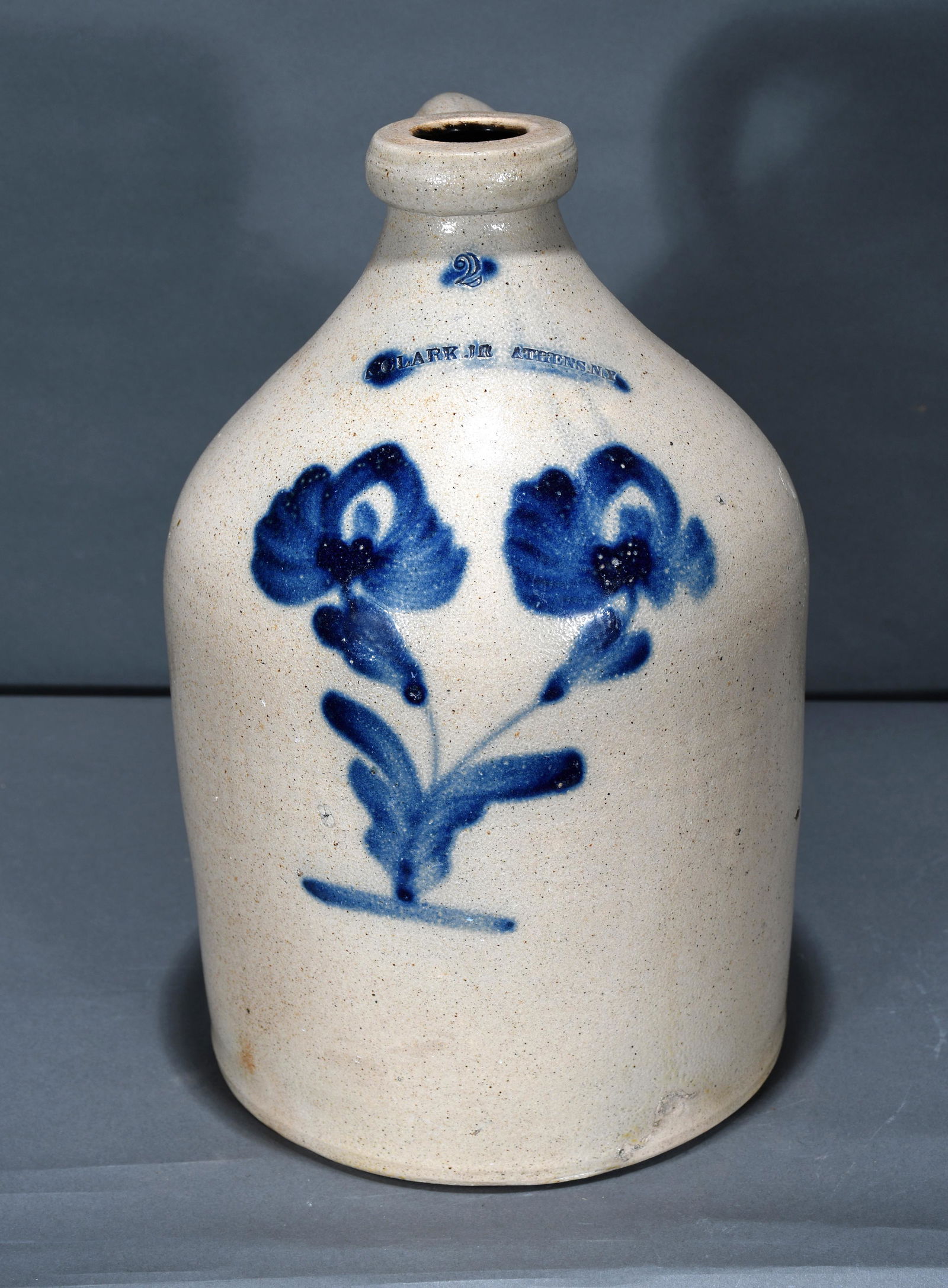 N. Clarke Jr. Salt Glazed Jug with Cobalt Flowers. (1 of 3)