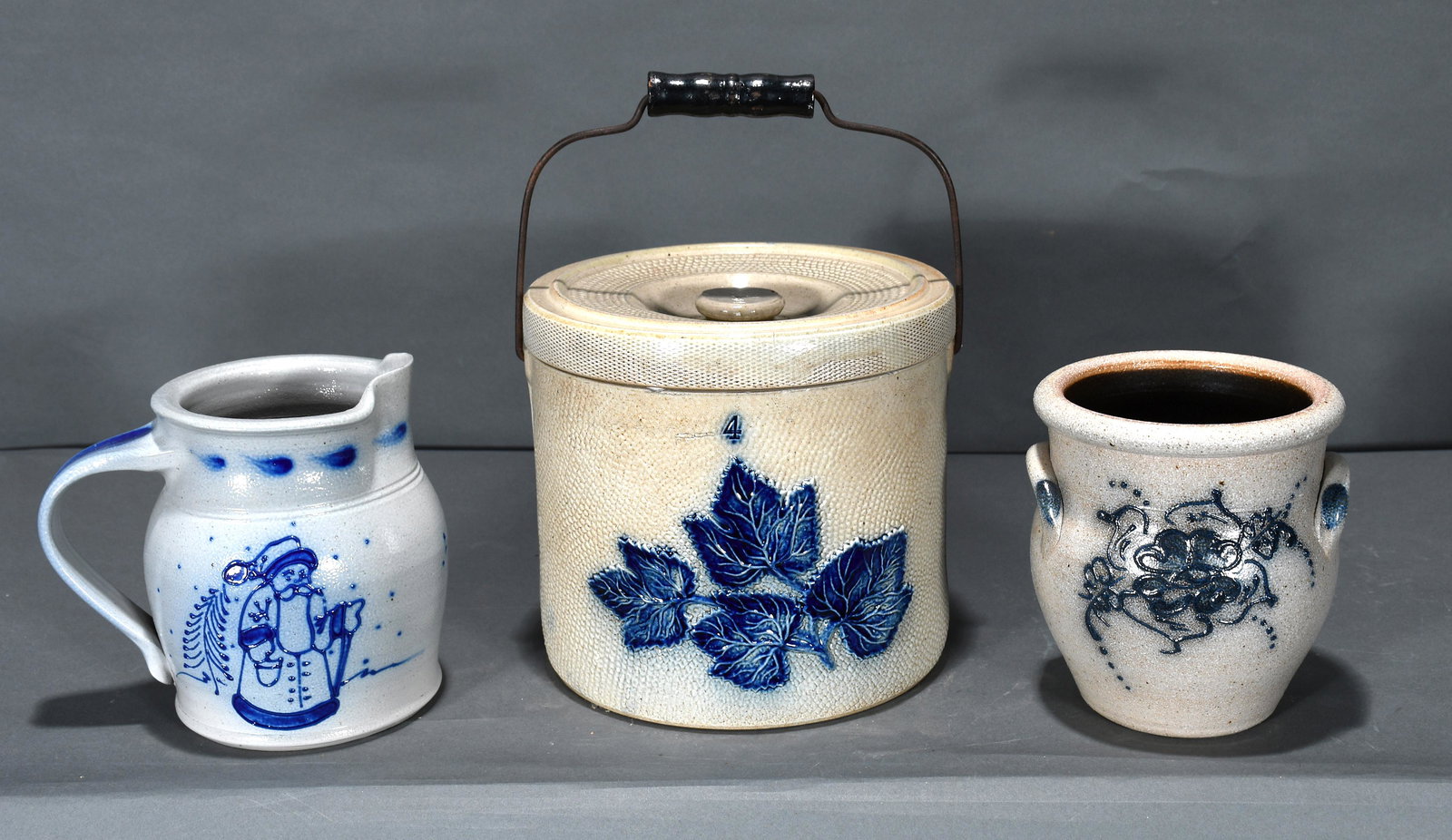 Rockdale, Eldreth. 3 Salt & Cobalt Contemporary Pieces.: Rockdale, Eldreth and Unknown. Three Salt and Cobalt Decorated Contemporary Pieces. Excellent condition. Tallest is 7" h. Est. $200-300. Ship: $85