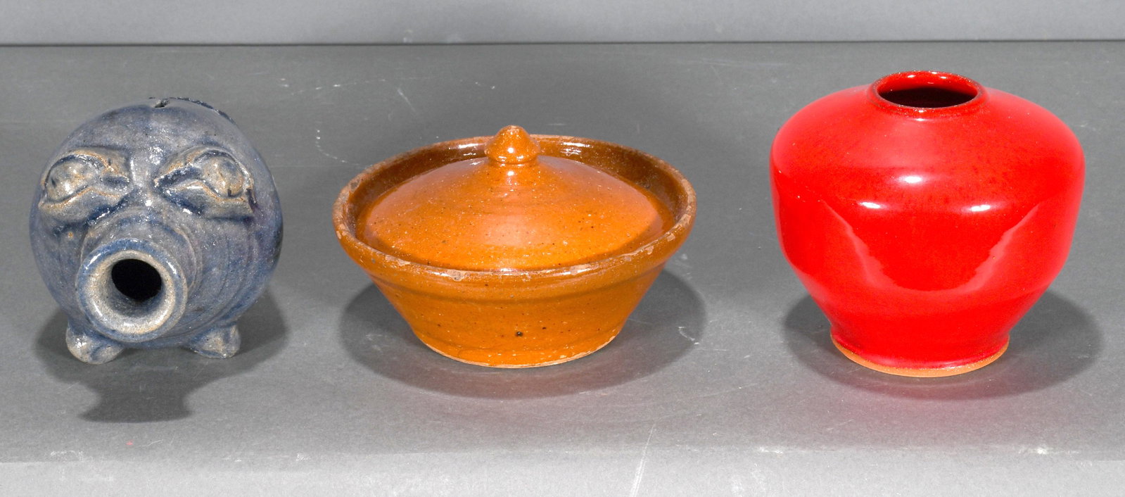 Ben Owens, Ben Owens, III & BB. Craig. Bowls & Piggy Bank.: Ben Owens, Ben Owens, III and BB. Craig. Ben Owens (Master Pottery - Bowl with Lid Center - Stamped Jugtown), Ben Owens, III - signed and dated 2011, B.B. Craig Piggy Bank - Stamped. Some wear and rub