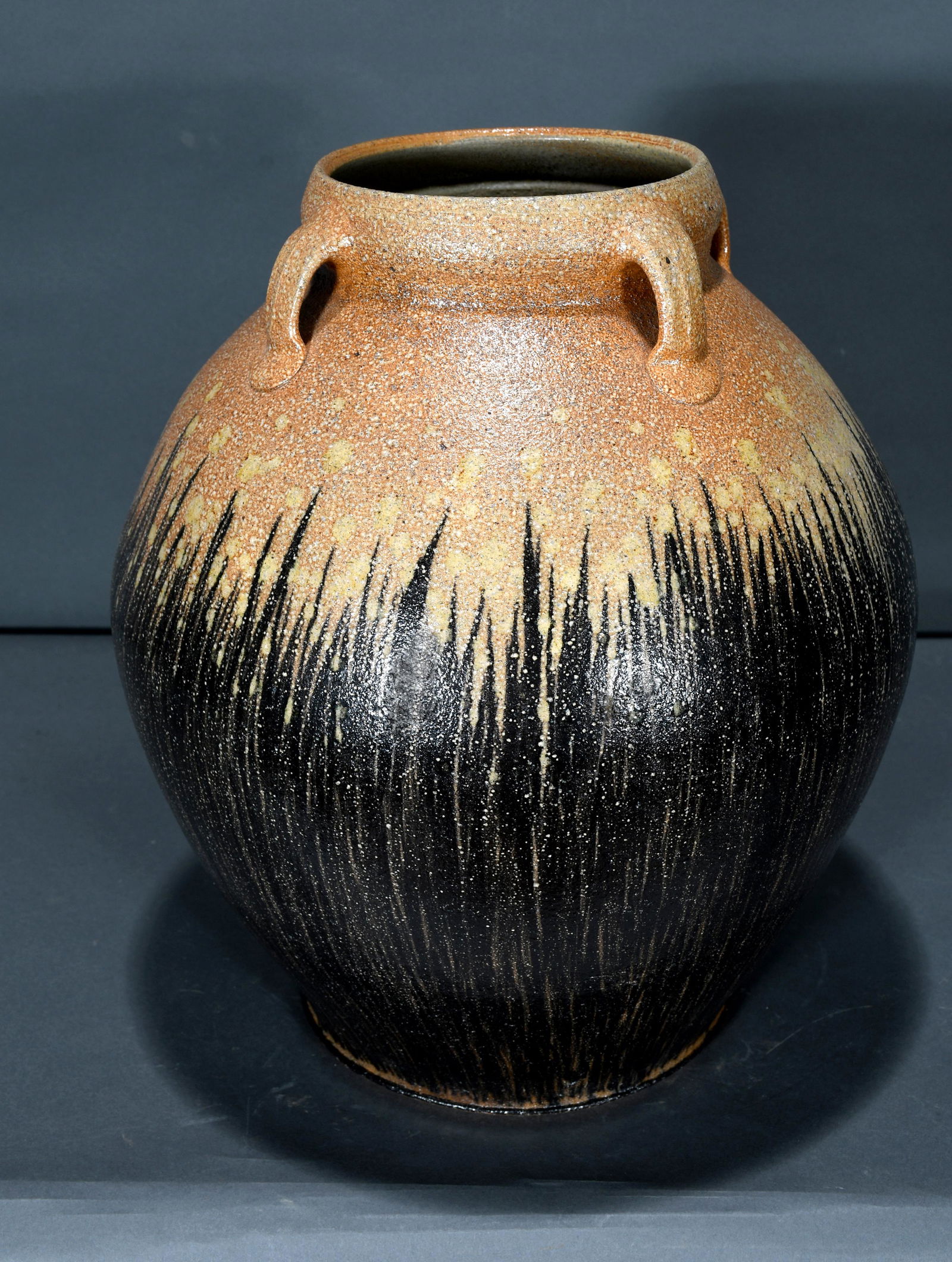 Unknown NC - Japanese Art Pottery. Black Striped Glazed Jar. (1 of 2)