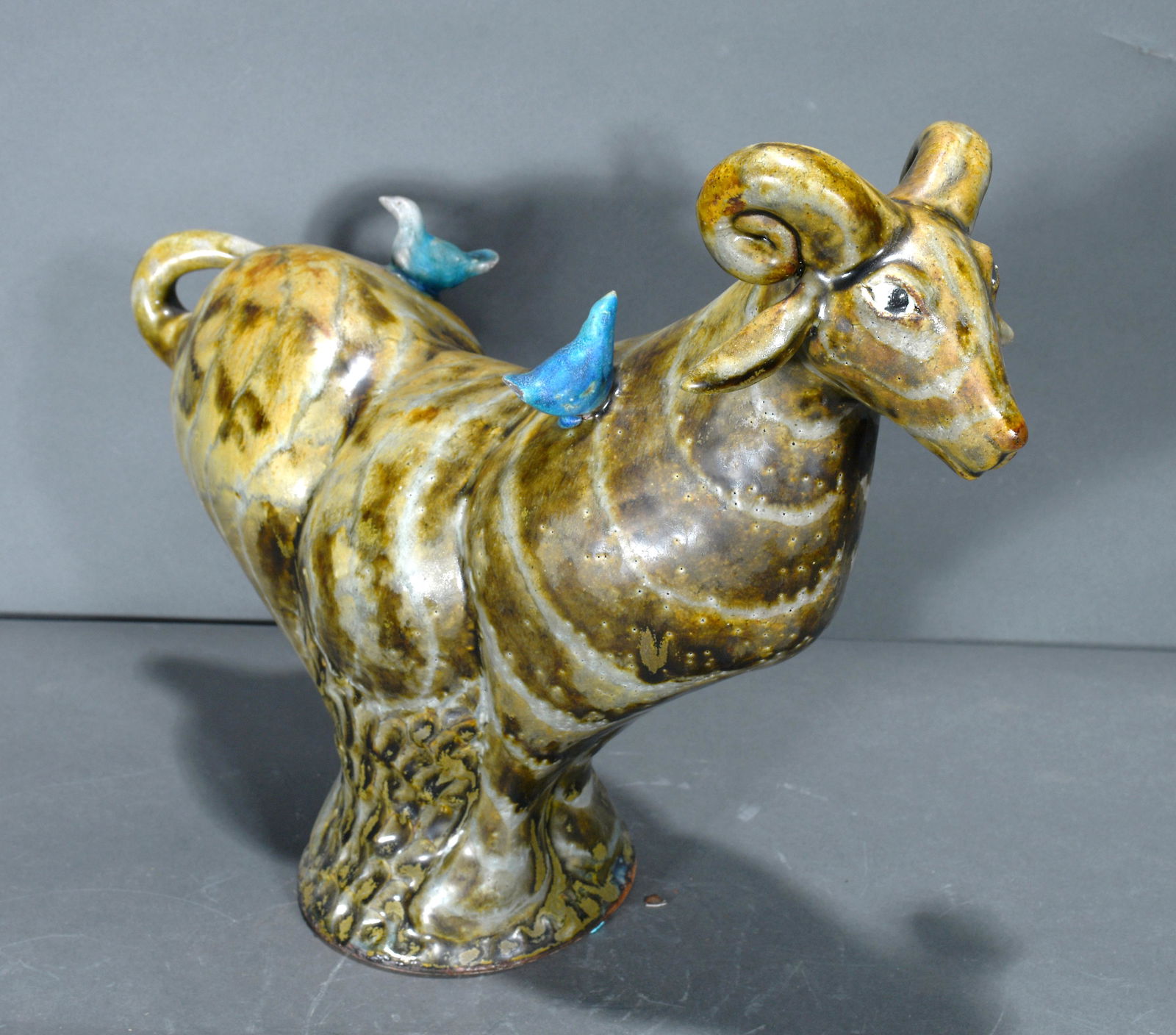 Unknown Potter. Ram with Blue Bird Figurine. (1 of 4)