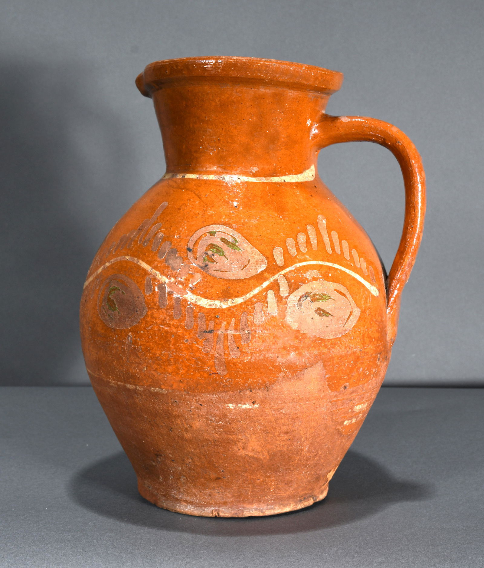 Early Traditional Pennsylvania Redware Pitcher. (1 of 6)