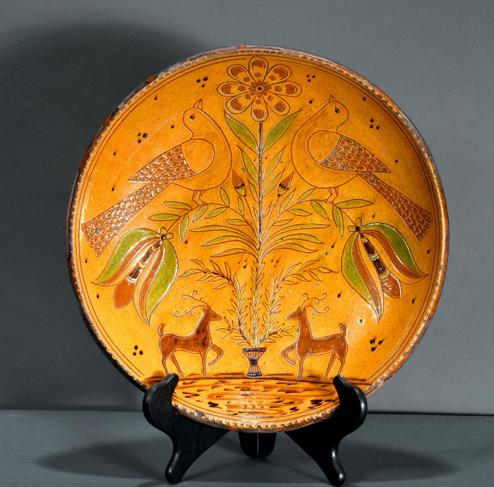 Mary Shooner. Stag and Dove Large Charger.: Mary Shooner. Stag and Dove Large Charger. 2011. Signed and stamped. Mint condition. 14" diameter. Est. $300-500. Ship: $55