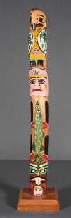 John Williamson.  Scout Master Totem: John Williamson. Scout Master Totem. 1971. Perth Amboy, NJ. Lake Zug. Signed, dated and titled. Carved and painted wood. Excellent condition. 19" h. Est. $200-400. Ship: $45