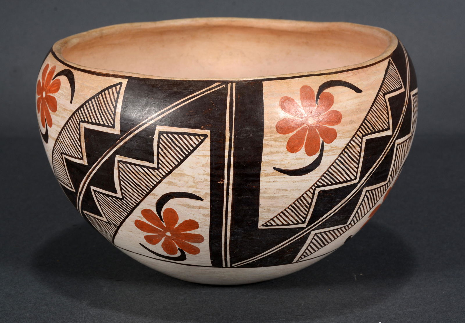 Acoma Geometric and Floral Design Pots.: Acoma Pot. Geometric and Floral Design Clay Pots. Minor surface grime. Minor surface grime due to age otherwise, excellent condition. 5" x 7" diameter. Est. $300-500. Ship: $35
