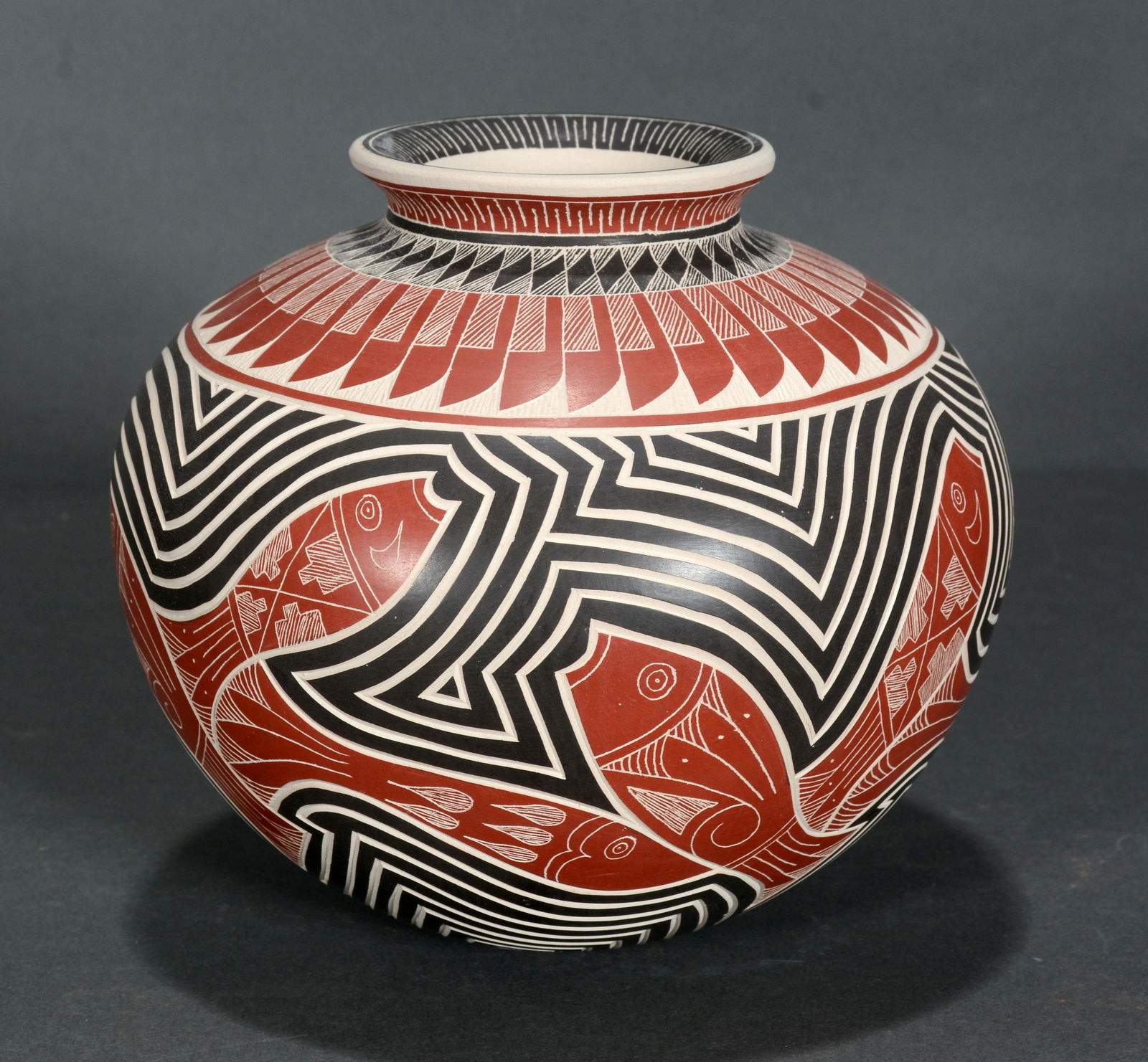 Carved Relief Fish and Feather Pot. (1 of 3)