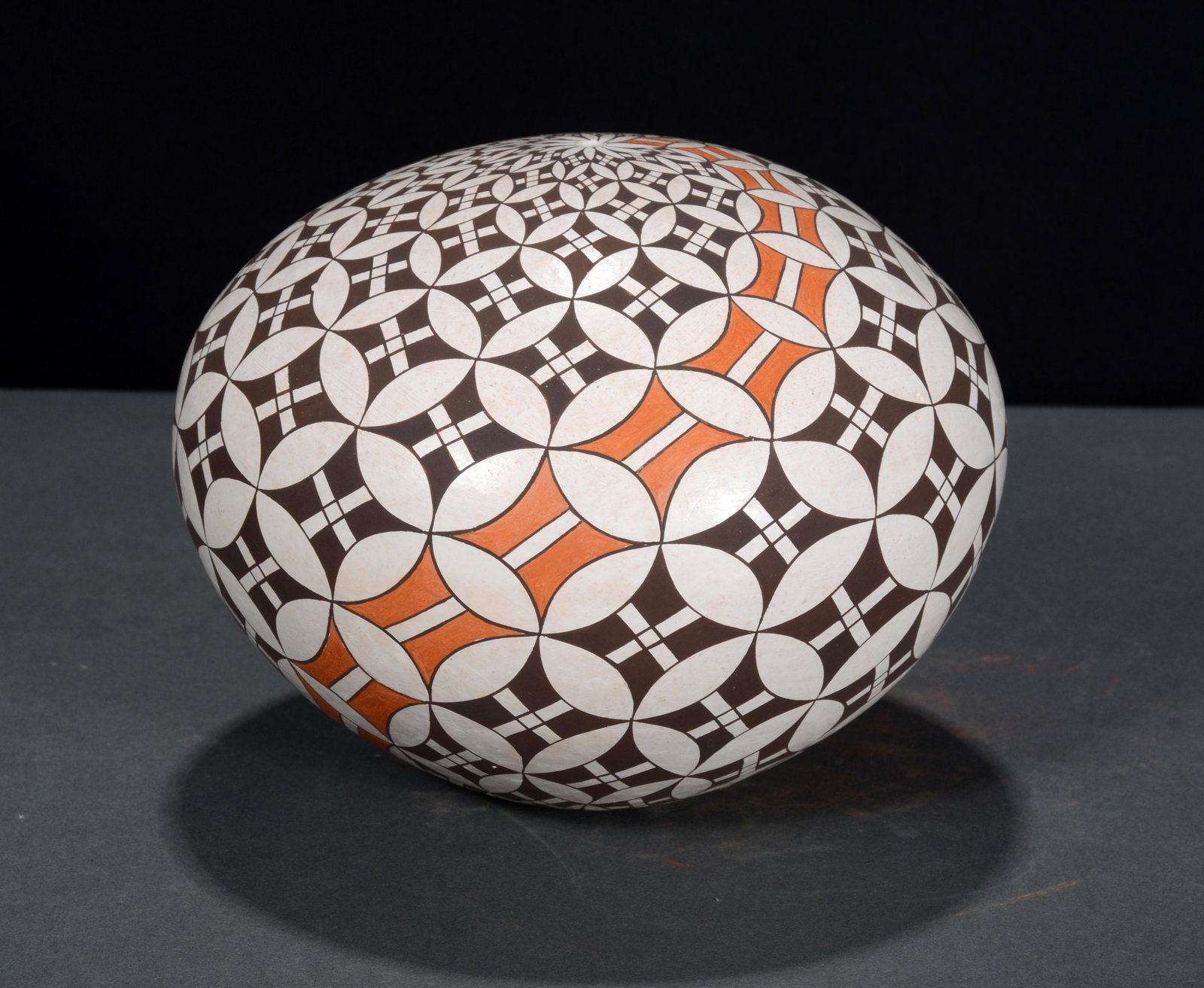 R. Concho. Swirling Geometric Pattern Sea Urchin Bowl.: R. Concho. Acoma, NM. Signed. Swirling Geometric Pattern Sea Urchin Bowl. Two or 3 very minor chigger bites, otherwise excellent condition. 5" h x 6" diameter. Provenance: The Jet Lacoss Collection. E