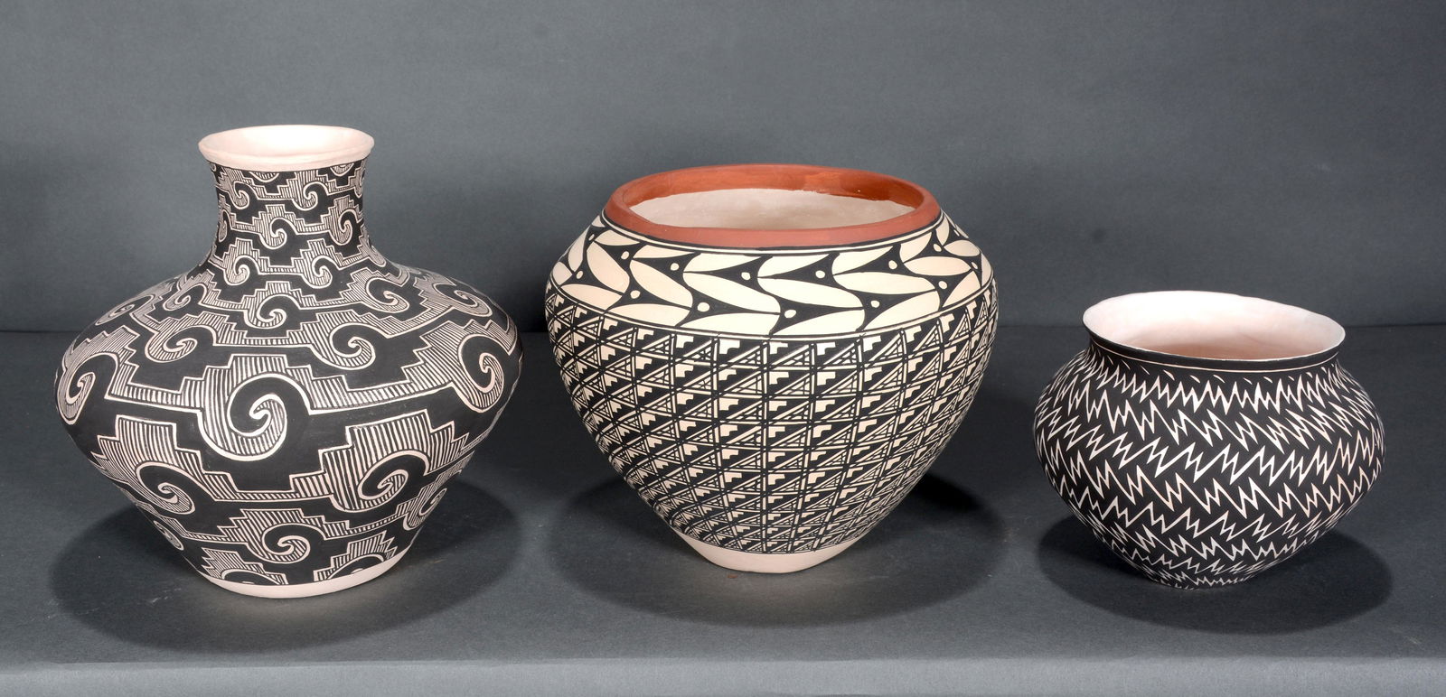 L. Vallo, I. Chino & M. Patricio. 3 Black & White Acoma Pots. (1 of 3)