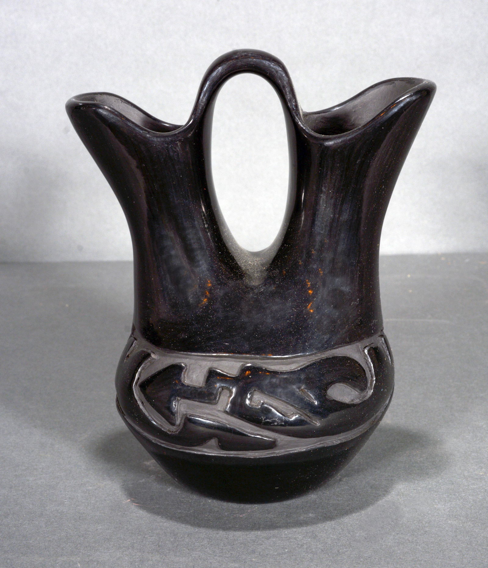 Sharon Naranjo Garcia. Dbl Spout Santa Clara Pueblo Black Pot. (1 of 3)
