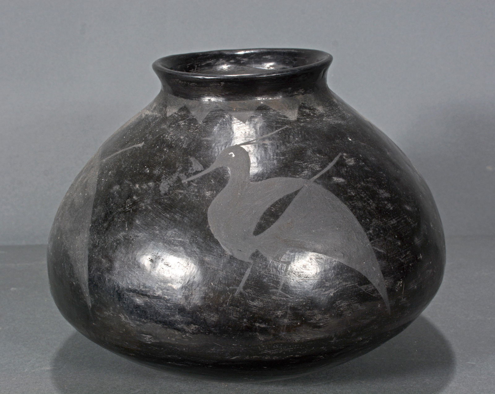 Black Glazed Hand-Coiled Pot with Bird Design. (1 of 3)