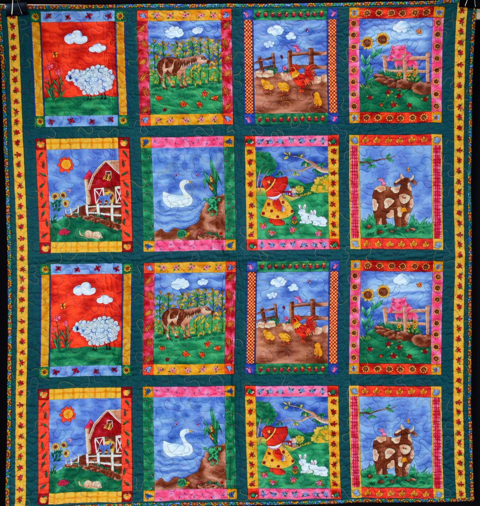 Old MacDonald's Farm Quilt.: Anonymous. Old MacDonald's Farm Quilt. Not signed or dated. Cotton Quilt. Excellent condition. 43" x 45". Provenance: Barbara Hacker Hunter Collection. Est. $100-200. Ship: $35