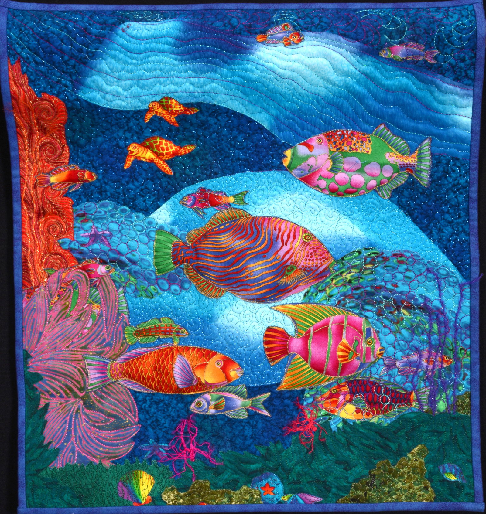 Vicky Fleming. It's A Lively Place Mini Quilt.: Vicky Fleming. It's A Lively Place. 2003. Signed, dated and titled. Mixed material Mini Quilt. Excellent condition. 17" x 19".Provenance: Barbara Hacker Hunter Collection. Est. $800-1,200. Ship: $25