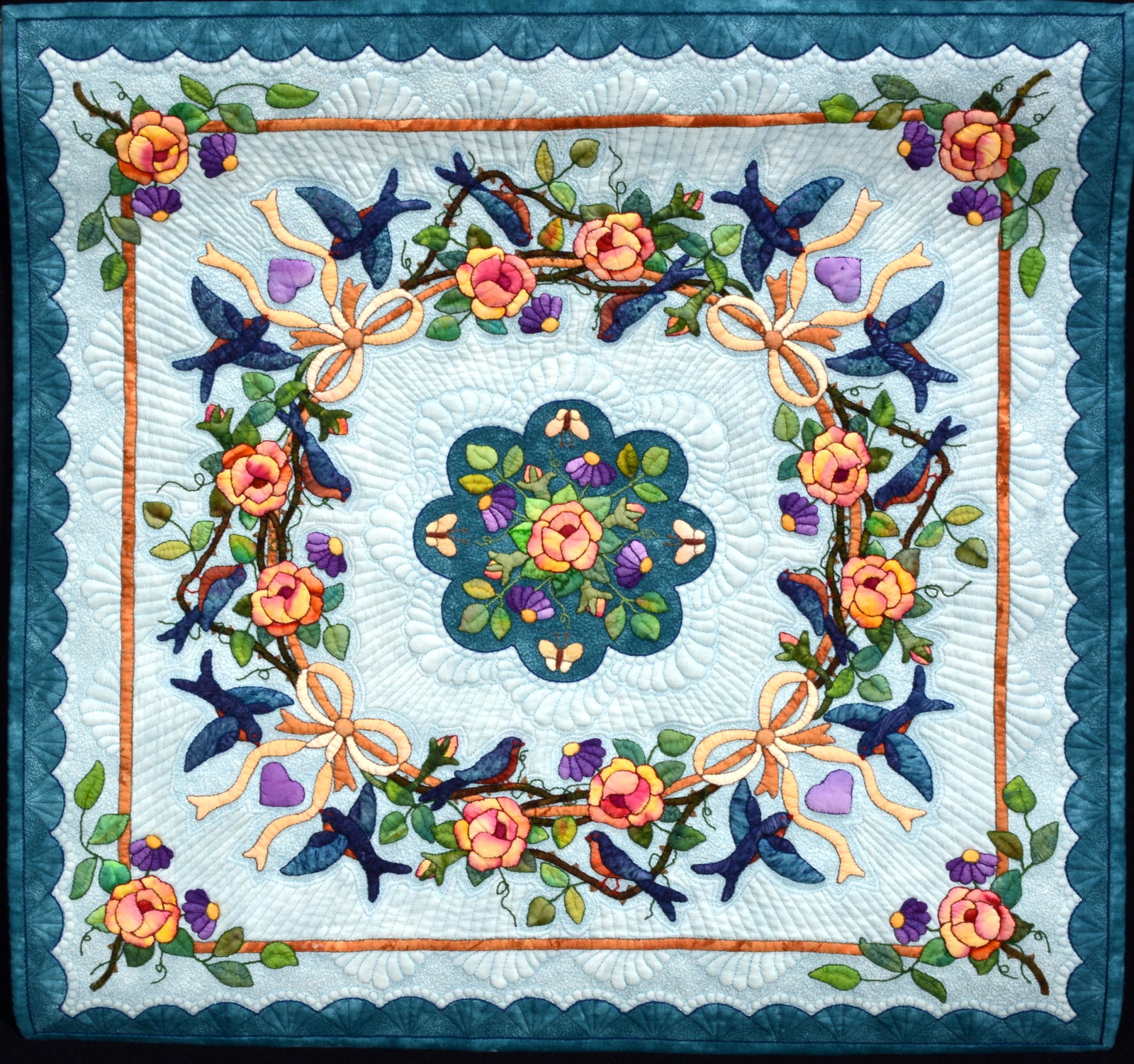 Mariya Waters. Blue Birds Of Paradise Mini Quilt.: Mariya Waters. Blue Birds Of Paradise. 2008. Signed, dated and titled. Cotton mini quilt. Excellent condition. 19" x 19". Provenance: Barbara Hacker Hunter Collection. Est. $800-1,200. Ship: $25