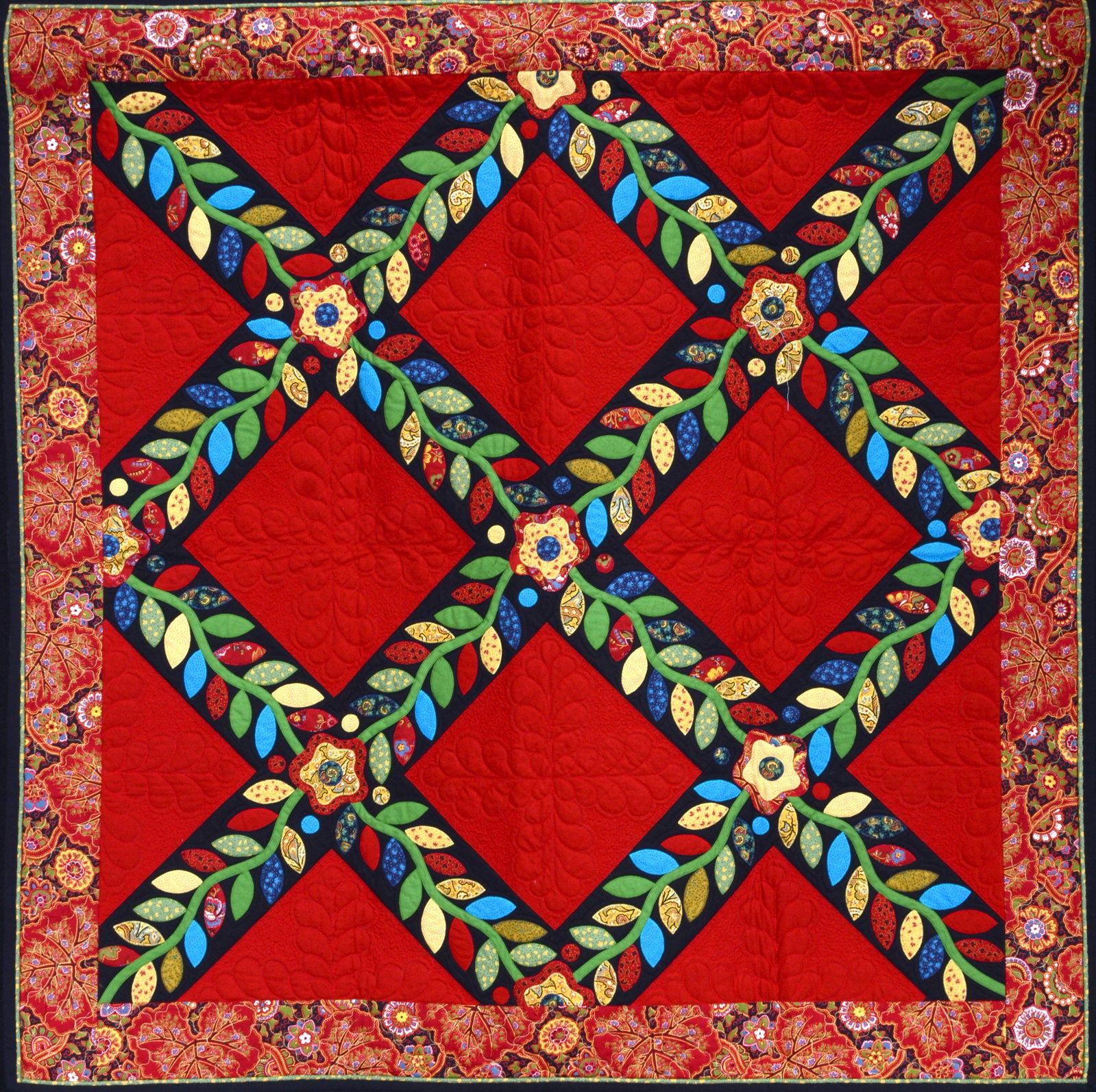 Sue Nichols. Persian Pizazz Quilt.: Sue Nichols. Persian Pizazz. 2001. Signed, dated and titled. Cotton excellent condition. 40" x 40". Provenance: Barbara Hacker Hunter Collection. Est. $800-1,200. Ship: $35