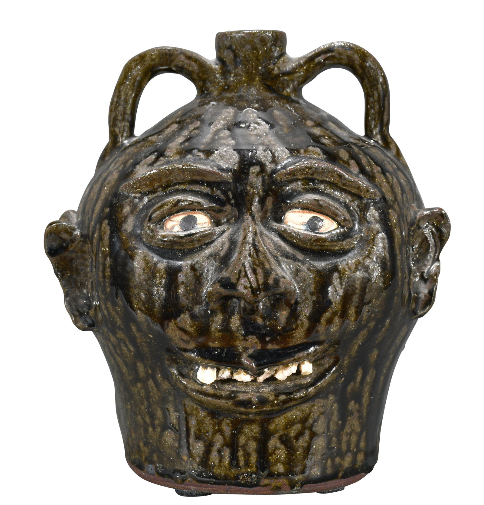 Lanier Meaders. Double Face Rook Tooth Jug.: Lanier Meaders. Double Face Rook Tooth Jug. c. 1960s. Signed. Beautiful dark drip glaze throughout. Mint condition. 10" h. Est. $3,000-5,000. Ship: $65