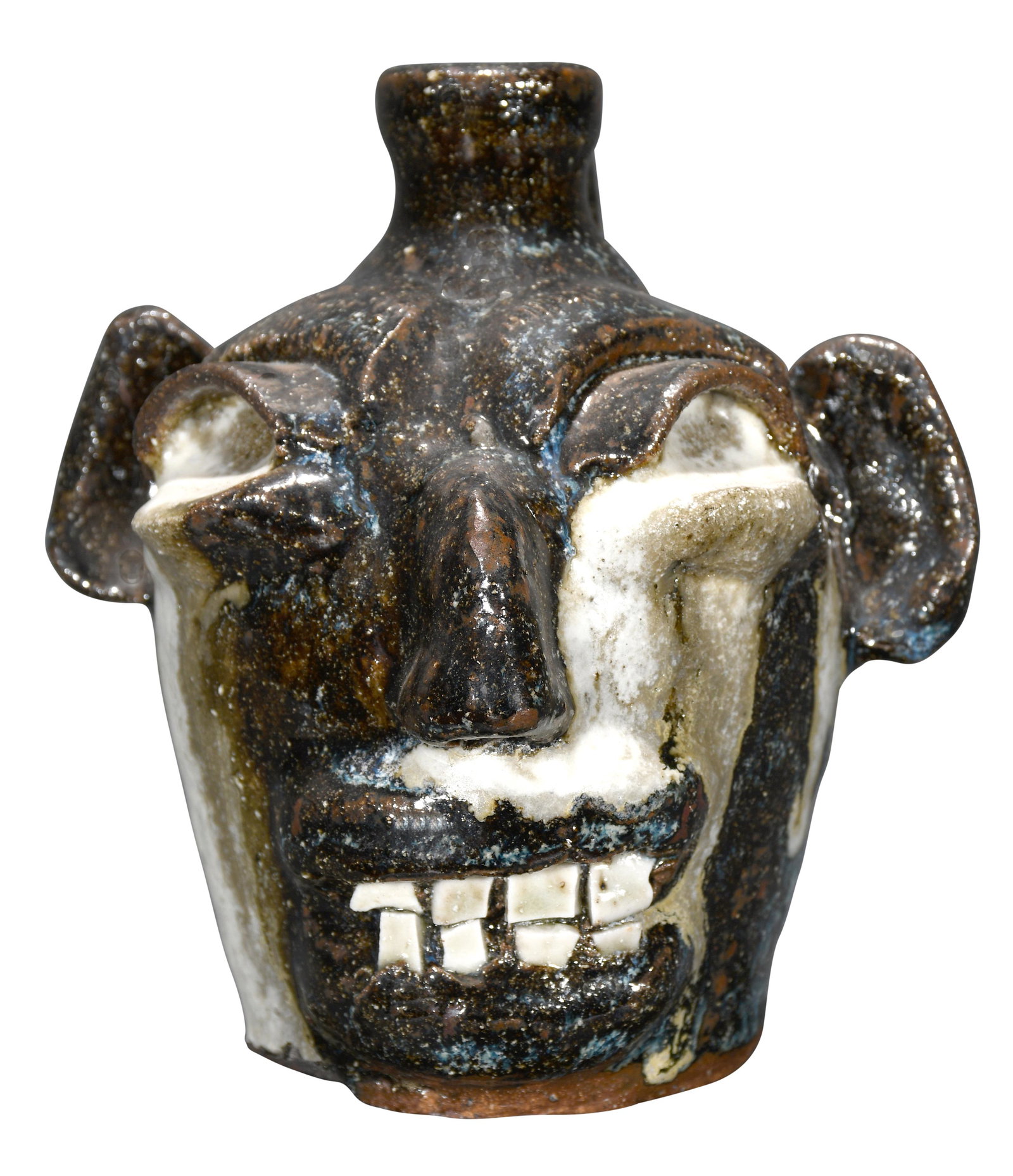 B.B. Craig. Half Pint Sobbing Eye Face Jug.: B.B. Craig. Half Pint Sobbing Eye Double Row Teeth Face Jug. Stamped. Some routille glaze with heavy eye drips. Mint condition. 5.5" tall. Est. $1,000-2,000. Ship: $45
