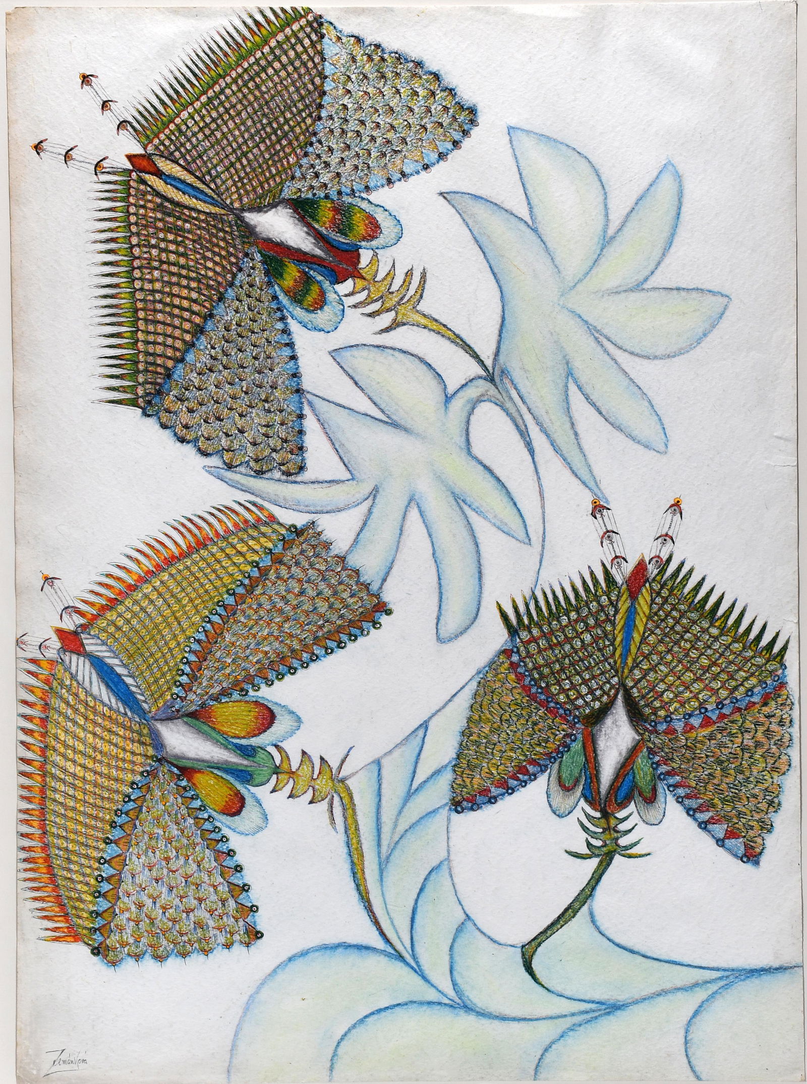 Anna Zemankova. Large Floral Work.: Anna Zemankova. Untitled Large Floral Work. Signed. Oil pastel and ink on paper. Extra large example with bright and beautiful details. Masterpiece! Minor toning on edges and small loss upper left cor