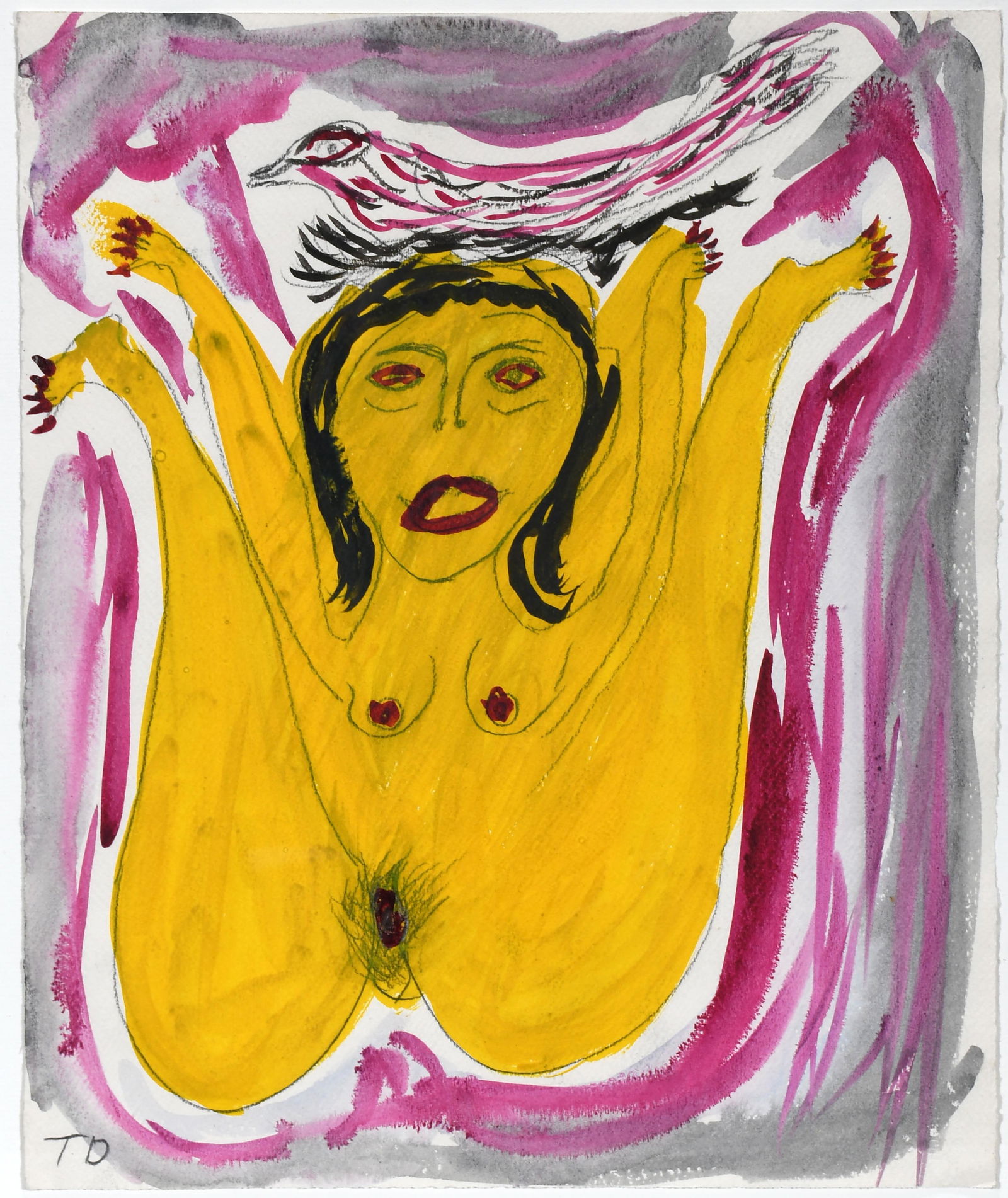 Thornton Dial, Sr. Nude With Bird On Head.: Thornton Dial, Sr. Nude With Bird On Head. Initialled. Water color and graphite on artist paper. Excellent condition. Image is 14" x 17. Frame is 18" x 21". Provenance: Outsider Folk Art Gallery. Est.